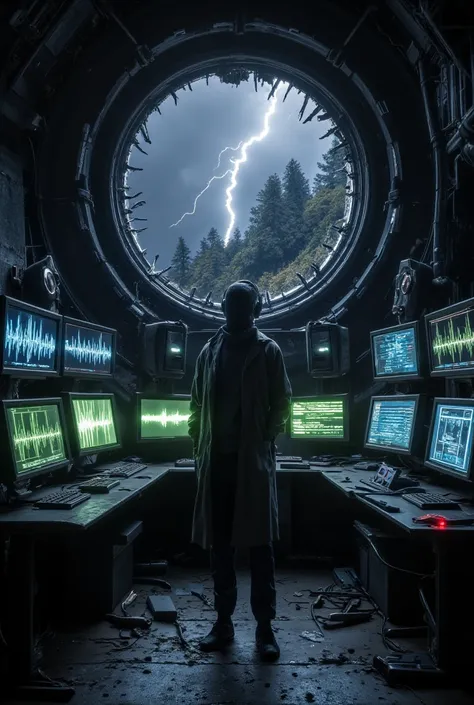 A lone researcher standing in a dark, abandoned observatory surrounded by flickering computer screens. The room is dimly lit with eerie green and blue glows from the monitors, one showing strange alien waveforms. Outside the large cracked window, a storm r...