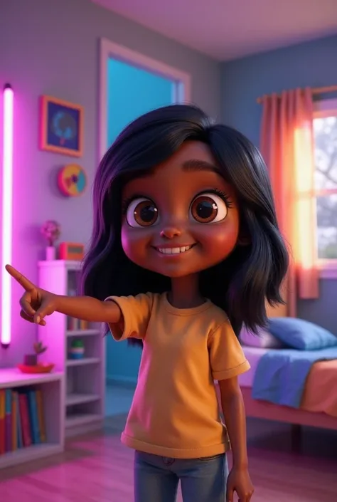 Young dark-skinned girl with black hair a little lower than her shoulders in Pixar character mode standing full body pointing at something against the background of a room with LED lights