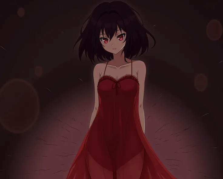 age girl with short dark plum hair and reddish eyes in short red see through nightgown in bedroom standing anime 