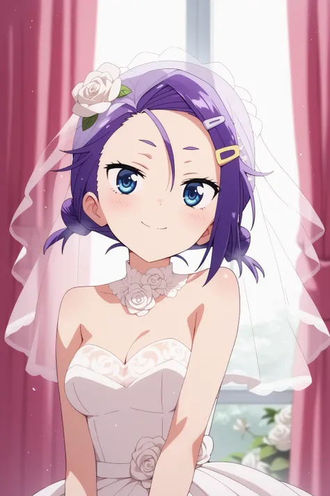 masterpiece,best quality,{{detailed beautiful face and eyes}}, very detailed background,
Asumi Kominami,{{{megami magazine}}},short hair,purple hair,low short twintails,forehead,hairclip,purple eyes,medium breasts,
1girl,hairstyle: (wedding bun:1.2)
Outfit...