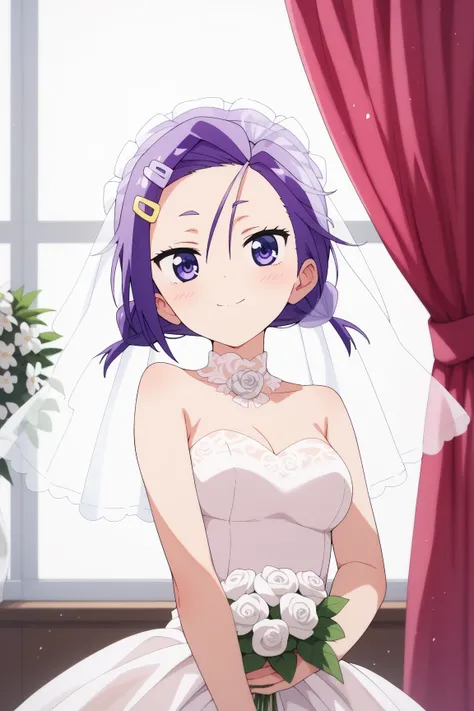 masterpiece,best quality,{{detailed beautiful face and eyes}}, very detailed background,
Asumi Kominami,{{{megami magazine}}},short hair,purple hair,low short twintails,forehead,hairclip,purple eyes,medium breasts,
1girl,hairstyle: (wedding bun:1.2)
Outfit...