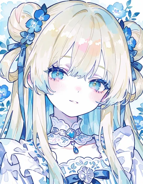 (watercolor:1.0),(pastelcolor:1.6),1girl, close-up portrait, pale blonde hair styled in twin buns, adorned with flowing blue ribbons, soft blue eyes, wearing a frilly white dress with blue accents, delicate floral patterns, surrounded by vivid blue flowers...