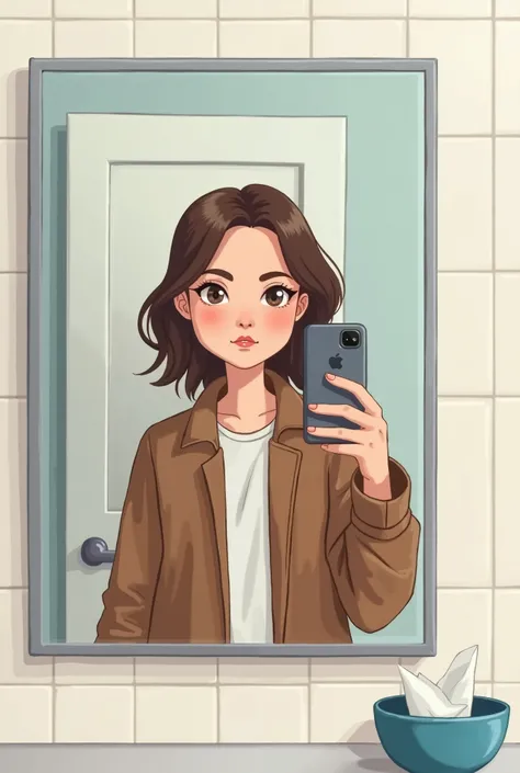 Young woman taking a selfie in a bathroom mirror. she is standing in front of a white door and is holding her phone up to take the picture. the woman is wearing a brown jacket and has medium brown hair. she has a serious expression on her face and is looki...