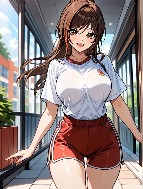 ((Yuri Sakasaki)), (( masterpiece)), (( High resolution)), ((retrato Alone)), {( attractive figure ), (wide thighs), ( Big breasts),(short brown hair), (beautiful brown eyes), ( long eyelashes ), (happy smile)}, ( visible thighs), ((rear grande)),((rear)),...