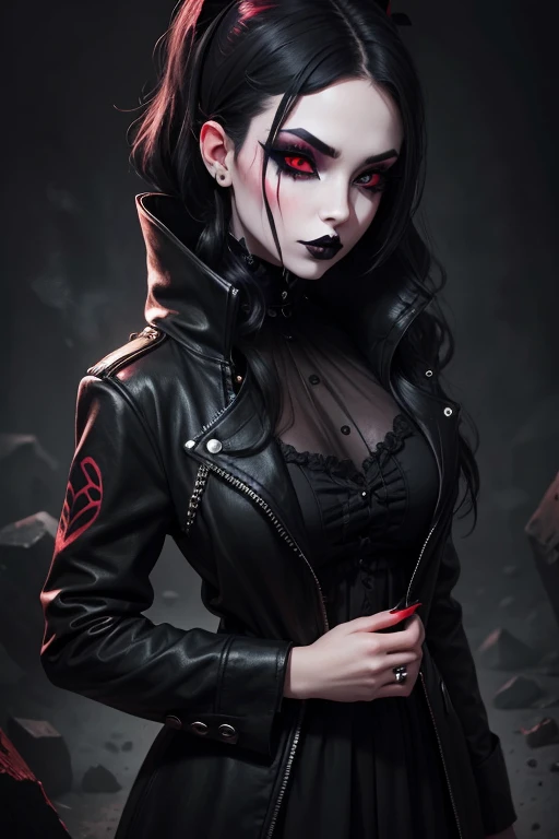 goth girl, heavy makeup, black lipstick, black smokey eye shadow, red eyes, serious