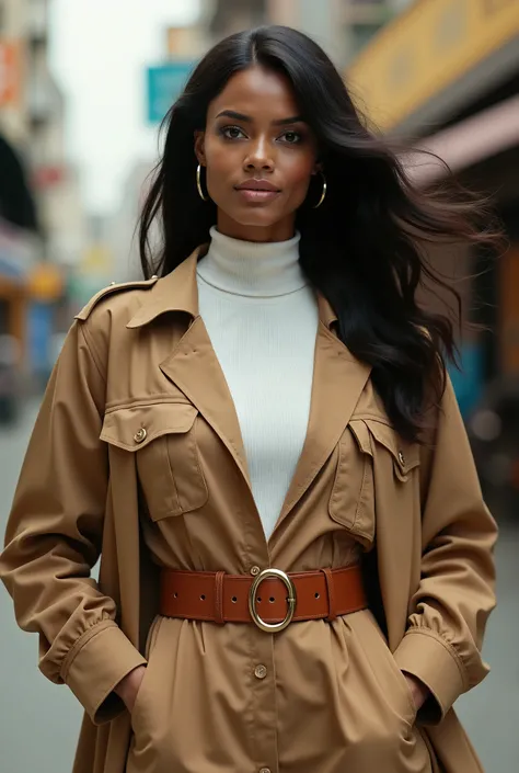 70s Brunei black lady layering fit white turtleneck with  built-in wide belt buttoned up safari suit.