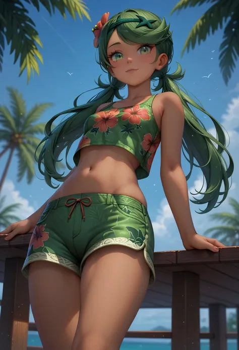 score_9, score_8_up, score_7_up, 1girl, solo, beautiful waifu, thicc, Mallow \(pokemon\),long hair, bangs, hair ornament, twintails, big green eyes, flower, green hair, hair flower, dark skin, dark-skinned female, swept bangs, wearing (green crop top, oran...