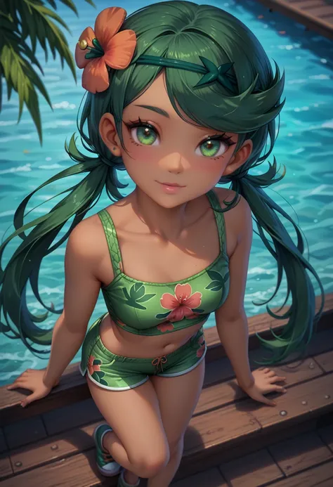 score_9, score_8_up, score_7_up, 1girl, solo, beautiful waifu, thicc, Mallow \(pokemon\),long hair, bangs, hair ornament, twintails, big green eyes, flower, green hair, hair flower, dark skin, dark-skinned female, swept bangs, wearing (green crop top, oran...