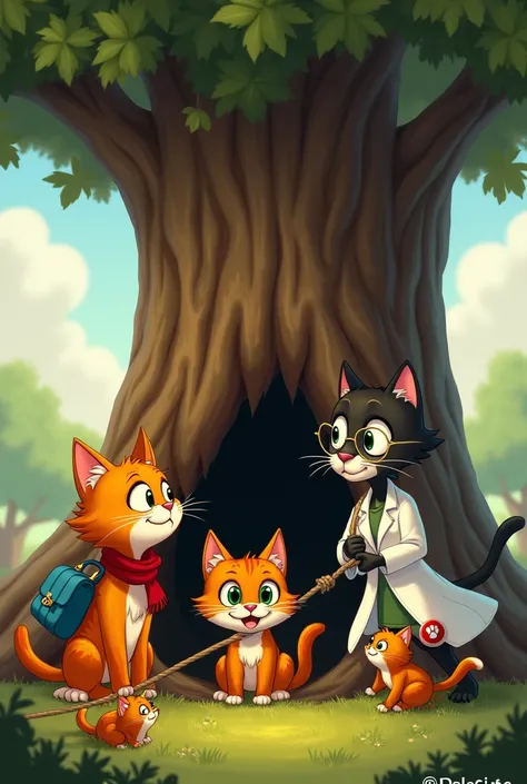  The oak tree on the playground with a group of anthropomorphic cats working together to rescue Whiskers   A curious orange tabby cat with bright green eyes and a mischievous smile. He wears a small blue satchel over his shoulder and a red scarf around his...