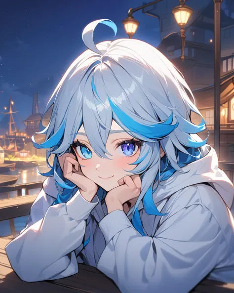  best quality , Masterpiece,   １girl, Freena \( Genshin Impact \),  Genshin Impact , cowlick,   Mismatched Students ,   heterochromia ,   sleeve ,  Headrest ,  Closed Mouth,  watching viewers with the harbor at night in the background ,  take down the hood...