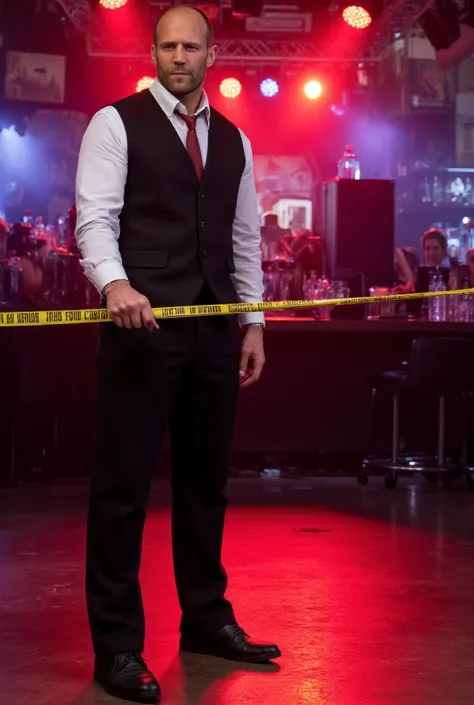 white button down shirt,red necktie,black botton up vest,while examining a crime scene on the dance floor of a nightclub