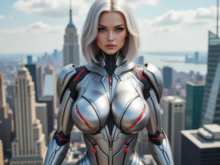 MARVEL､ Ultron､ beautiful female､1 female､ silver hair, silver-toned robotic figure with sharp, angular features and glowing red accents. Her design is both elegant and menacing, with a futuristic, armored exoskeleton radiating cold intelligence, glowing r...