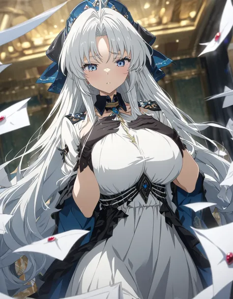 masterpiece; anime girl image, Aristocrat , wide hair, white hair , big boobs, envelopes,4K quality,Blue eyes , black and white dress ,