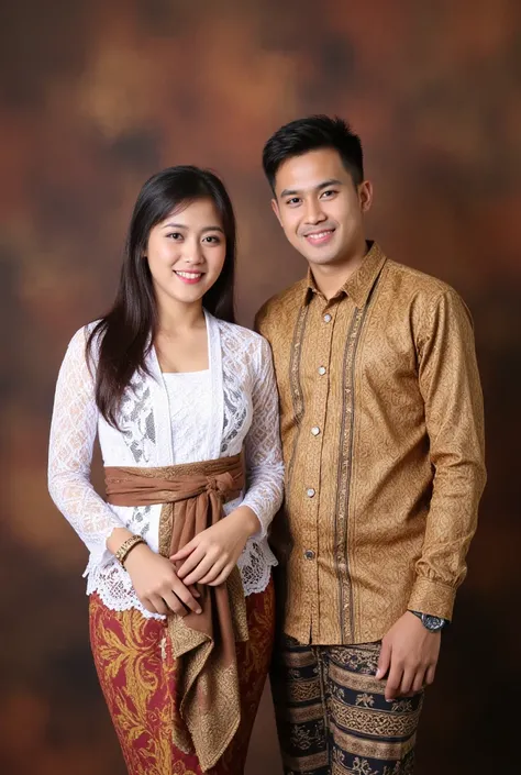  A pair of Javanese grooms and Indonesian bali women looking happy ,   the woman is wearing Central traditional Kebaya white  ,   as well as a brown batik sarong with shoulder-length hair and a very beautiful thin shawl .   Next to him is a man wearing a t...