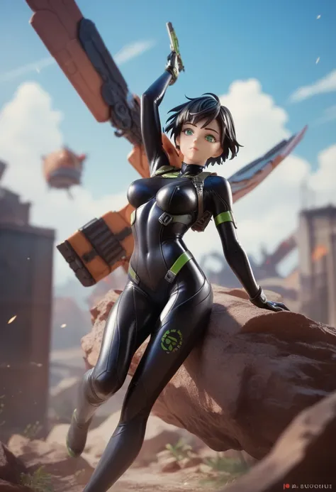 post apocalypse setting, outdoors, 1 woman, short black hair, detailed green eyes, ((perfect detailed gorgeous face)), ((perfect body)), bodysuit.