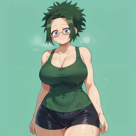 1girl, solo, himiko agari, green eyes, ponytail, green hair, glasses, big breasts, wide hips, thick thighs, green tank top, cleavage, black biker shorts, sweaty, blushed, smile, standing, looking at viewer, simple background, from the front view