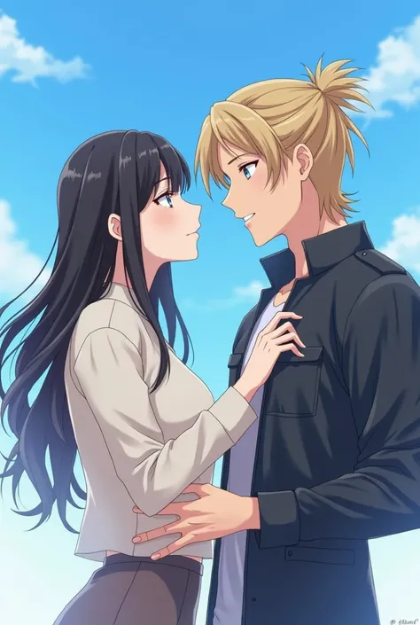  masterpiece , anime,  romantic,  best quality, 2Others, couple, maduro, adult,  height difference , different fashion,  different colors, casual clothes,  long sleeves, to smile, happy, Love, wind spinning,  Blue sky, very long haired man ,  dark blond ha...