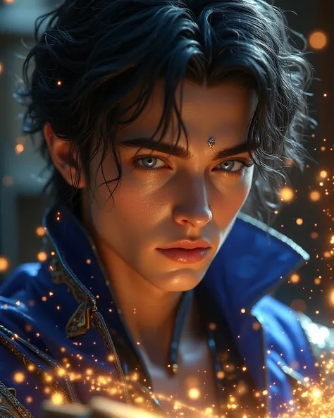 Prince, male, tall 6'0, lean, with raven-black hair, eyes are sapphire blue, well-groomed dark eyebrows, very handsome, possesses powerful, raw magical ability, very compassionate, bright, having a curious mind and a love of reading, loyal, High Resolution...