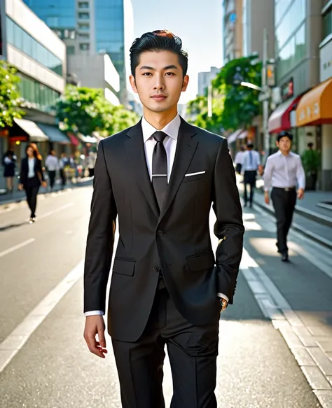 Araf Asian ,Age 25 years, Walking Down the Street Poses  ;)  outdoors in the city, bright sunshine, clear face looking straight, purposefully straight ,  male wearing black business suit, neatly dressed, professional photo with good lighting,  Great and Be...