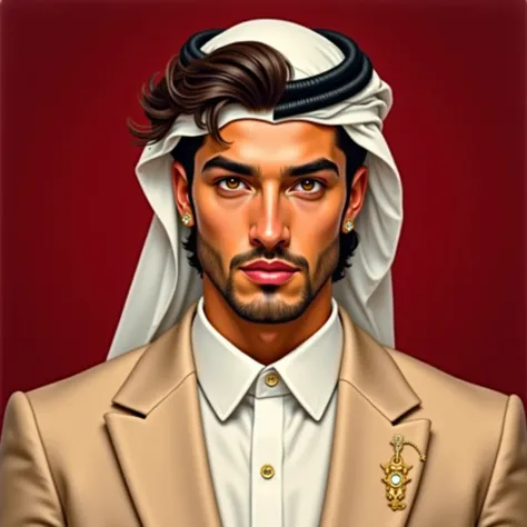 retrato,  realistic oil illustration ..  realistic image,  photograph , aesthetics.  detailed image . luxury environment, elegance,  high standard .  front view ,  front focus. Artistic oil painting .  He wears a white hijab with gold ornaments .  An Arab ...