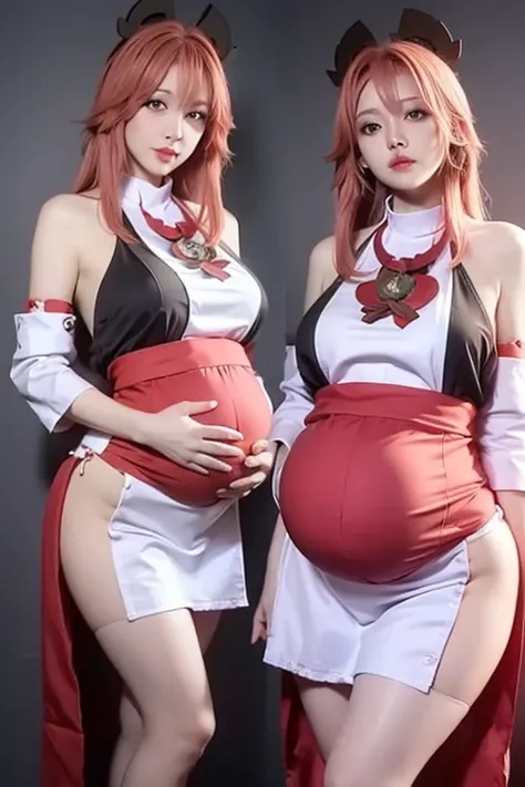 a tall cut woman that is pregnant with long smooth hair wearing a maids outfit