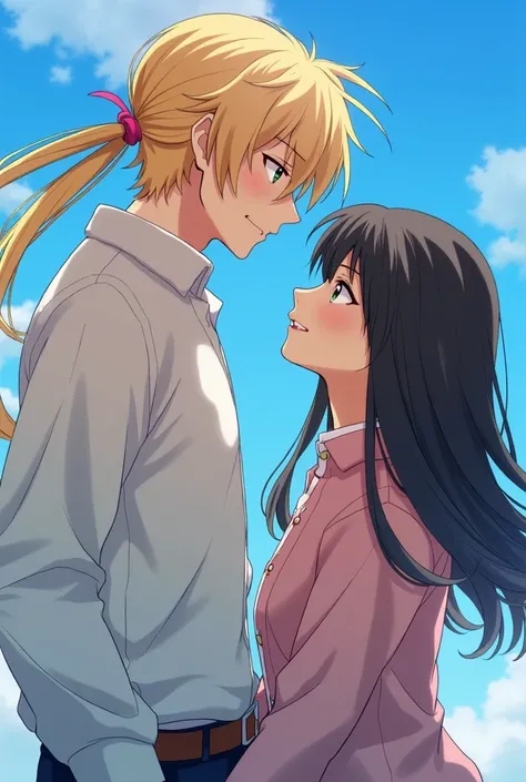  masterpiece , anime,  romantic,  best quality, 2Others, couple, maduro, adult,  height difference , different fashion,  different colors, casual clothes,  long sleeves, to smile, happy, Love, wind spinning,  Blue sky, Long haired man, Man with dark blond ...