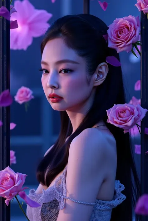 A work that has purple triangles, black lines and blue rectangles. The work would be inspired by a song of heartbreak, where sadness and roses are mentioned , jennie kim
