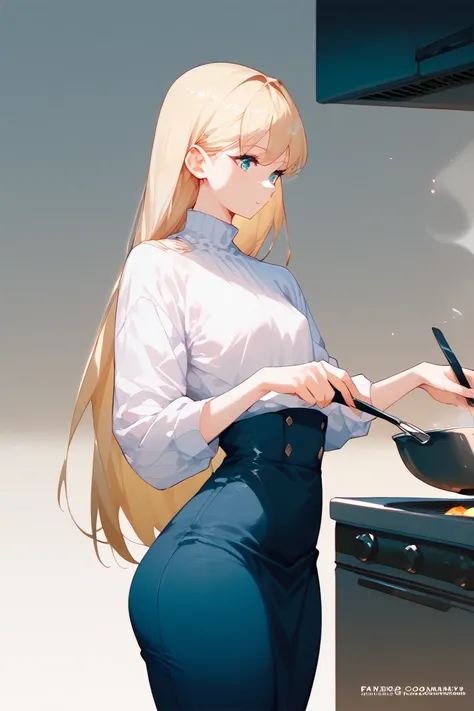 cute boy,  very long and smooth blonde hair, pale skin,  black turtleneck sweater, white panties,  narrow waist ,  wide hips ,  thick thighs,  Breasts. standing back, standing cooking . femboy.  flat chest .