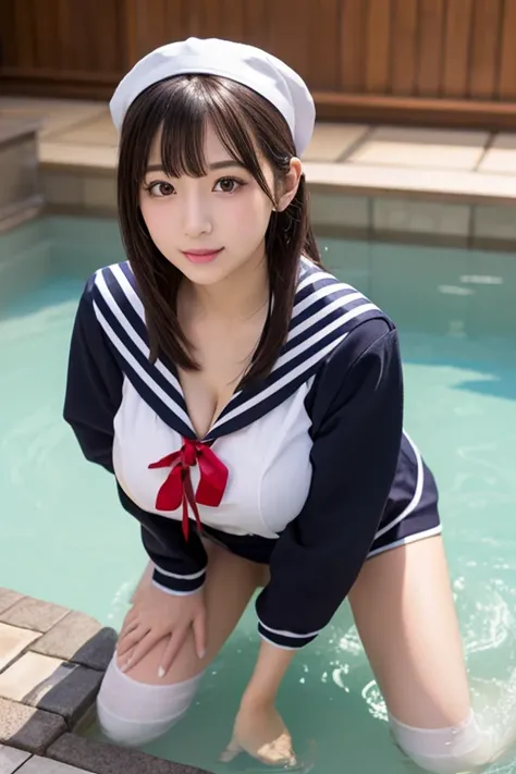 ((  best quality  )), ((Masterpiece)), (  Details),   girls ,   sexy、  sailor suit 、  big breasted 、  black hair、  miniskirt、 Beautiful girl holding a cucumber、  red ribbon、  cleavage 、ネイビーの  sailor suit 、 black knee-highs、Taking a bath in a Japanese hot s...