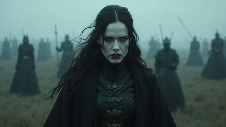 Steady tracking camera movement: The camera follows the vampire woman as she moves through a misty, battlefield. The scene conveys tension. Close-ups emphasize her vampire face. Cinematic dark fantasy ambiance. from game of thrones, queen character and cos...