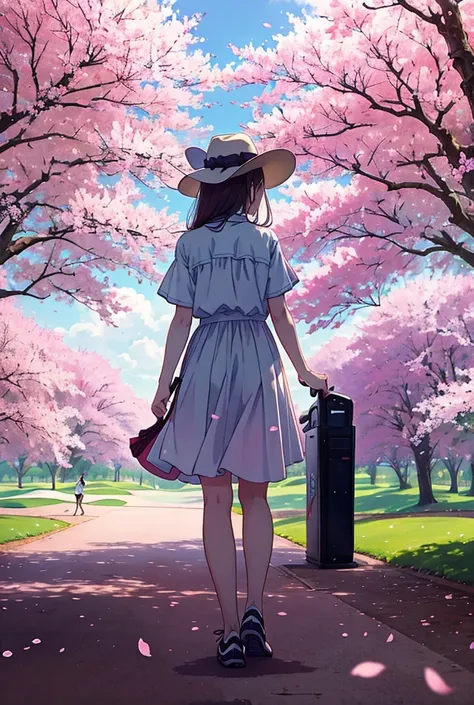 Girl wearing a sad hat looking up and looking at the cherry blossoms and playing golf　 back view　 full picture