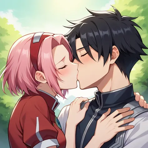 
haruno sakura,pink hair,short hair,forehead protector,closed eyes,red sleeveless shirt,medium shot,left side,smaller girl,1girl,hand on another's shoulder,BREAK,Sasuke Uchiha,black hair,spiky hair,closed eyes,gray shirt with short sleeves,black arm guard,...