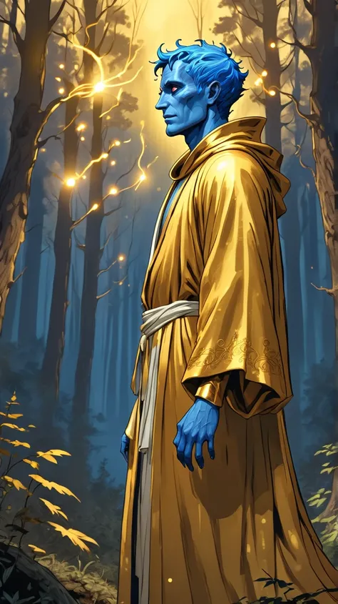  a magical genius with blue skin ,  skin wearing a golden robe in the middle of the forest, emitting golden lights, He is looking in profile , realistically in comic style  