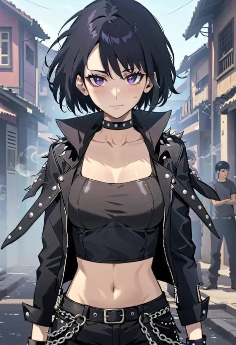 young girl, with short black hair, violet eyes, a smirk, Black leather jacket with spikes, open belly, breeches, Chains on clothes, scar on face, cigarette, Smoke, hi-quality, 4k, HD, Good detail, looking at the viewer, full body view, looking at the viewe...