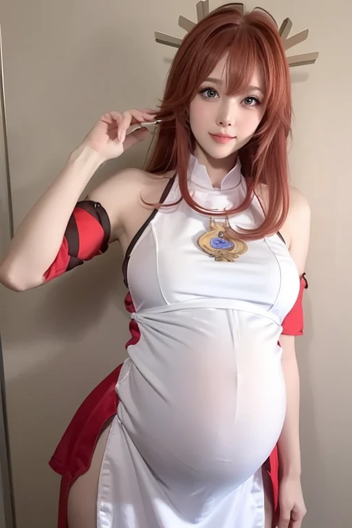 a tall cut woman that is pregnant with long smooth hair wearing a maids outfit