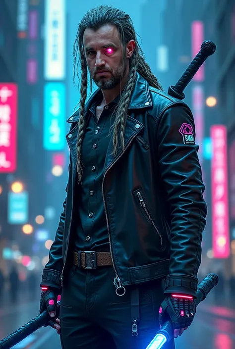 ((40 years old)), Meditech cyberpunk old man with long hairs, metallic braids in hair, bright colored eyes, neon leather jacket, rugged, scifi futuristic city, high quality image, cinematic lights, anime style, high contrast. Armed with dark blue laser kat...