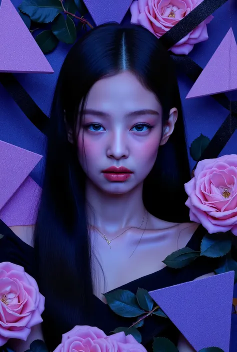 A work that has purple triangles, black lines and blue rectangles. The work would be inspired by a song of heartbreak, where sadness and roses are mentioned , jennie kim
