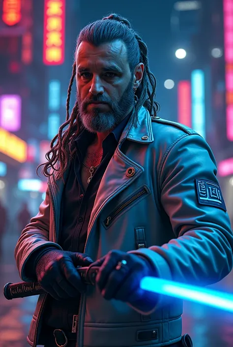 ((40 years old)), Meditech cyberpunk old man with long hairs, metallic braids in hair, bright colored eyes, neon leather jacket, rugged, scifi futuristic city, high quality image, cinematic lights, anime style, high contrast. Armed with dark blue laser kat...