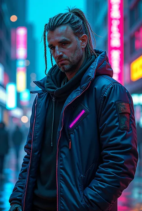 ((40 years old)), Meditech cyberpunk old man with long hairs, metallic braids in hair, bright colored eyes, neon leather jacket, rugged, scifi futuristic city, high quality image, cinematic lights, anime style, high contrast. Armed with dark blue laser kat...