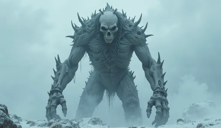 Monster with a body in the shape of bones and exposed muscles 1000 meters high, trapped with chains in an apocalyptic scenario, an environment with fog with snow . 120fps 4k image. character looking like a game of thrones winter bone.