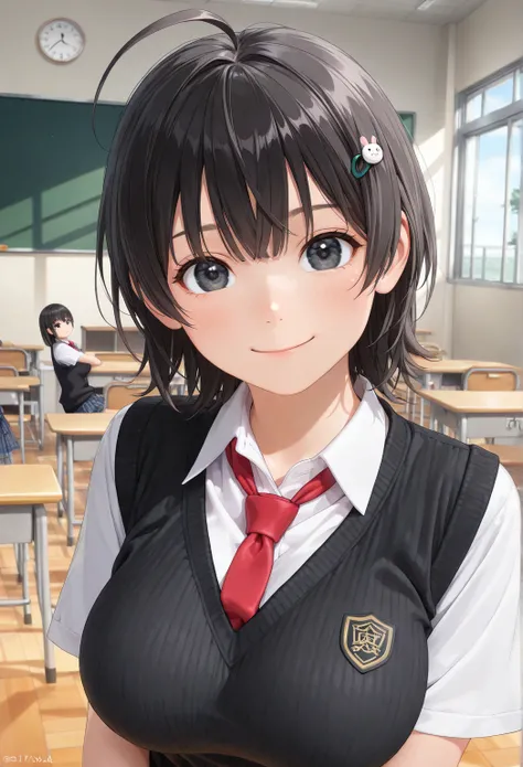 (Ultra Realistic Photo, raw photo, real person, 3D Model, cinema4d, soft-edged, soft surface), break ( one girl , 17yo, (bangs, small face, cute, large breasts, black eyes, curl inside hair, black hair, ahoge), (School Uniforms, red tie, black sweater vest...