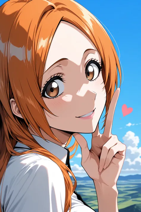  masterpiece,  best quality,  amazing quality,  VERY BEAUTIFUL , absurdres, up to date, landscape, Highly detailed , high res,Close-up portrait,woman,Miss,Inoue Orihime,bleach, orange hair, long hair,  brown eyes, fair skin, Smooth texture , pink lips , wh...