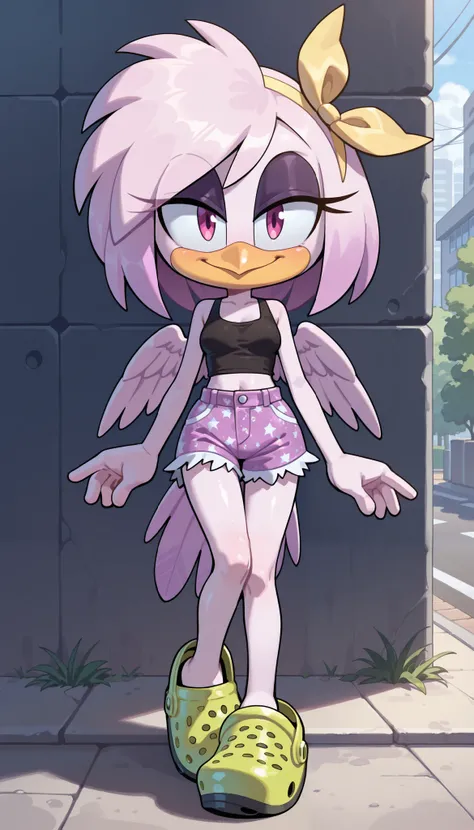 score_9, score_8_up, score_7_up, 1girl, solo, masterpiece, best quality, amazing quality, very aesthetic, absurdres, source furry, mobian bird, magenta eyes, light purple body fur, magenta hair, punk hair, looking at viewer, smile, oily skin, eyeshadows, b...