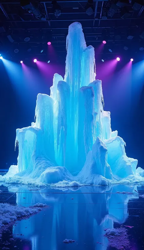 "A large, majestic ice formation rises dramatically in the center of a professional stage, surrounded by vibrant blue and purple lighting. The ice glistens and reflects the lighting, appearing realistic and intricately detailed, with sharp edges and smooth...