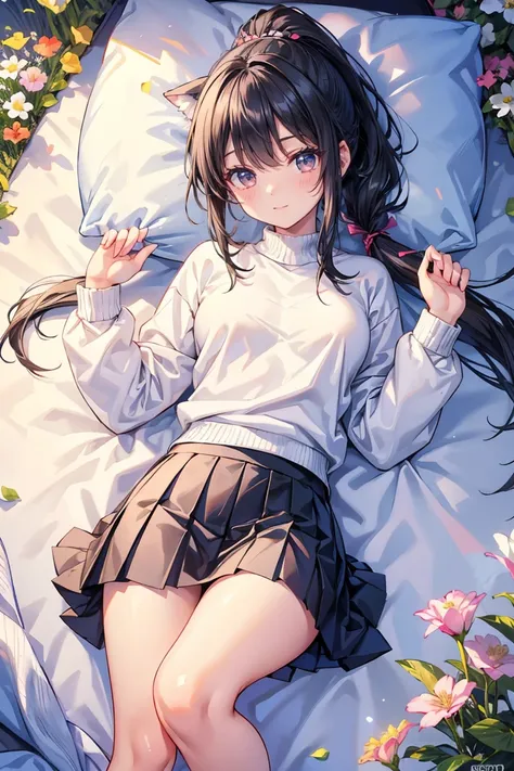  pretty girl, Alone,   high resolution,   long hair,  Look at her,  smile,   black hair,   ponytail,  accurate,   small breasts、 white sweater  、  Beautiful Thighs、Flower Garden、Asahi、4K、 miniskirt、 pleated skirt、 white fluffy wolf lying next to a wolf 