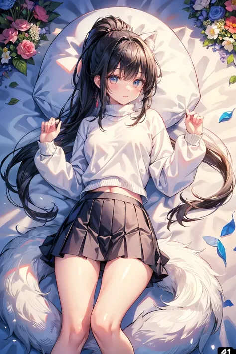  pretty girl, Alone,   high resolution,   long hair,  Look at her,  smile,   black hair,   ponytail,  accurate,   small breasts、 white sweater  、  Beautiful Thighs、Flower Garden、4K、 miniskirt、 pleated skirt、 white fluffy wolf lying next to a wolf 