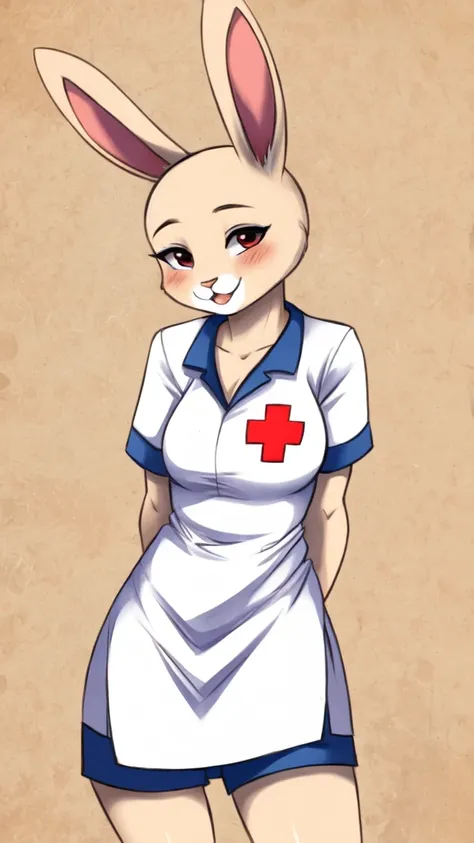 A rabbit wearing a nurse uniform, no hair