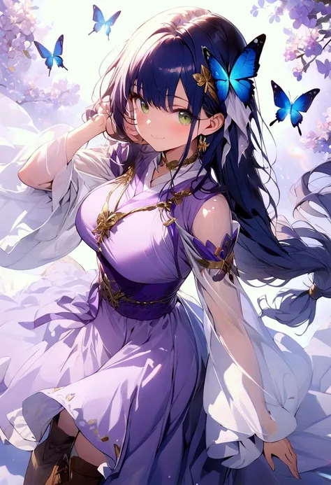 (masterpiece),(best quality),(ultra-detailed),(best illustration),(best shadow),(detailed background), 1girl, solo, green-eyes, long-hair, blue-hair, smile, dress, knee-boots, low-tied-long-hair, breasts, purple-dress, simple-background, looking-at-viewer,...