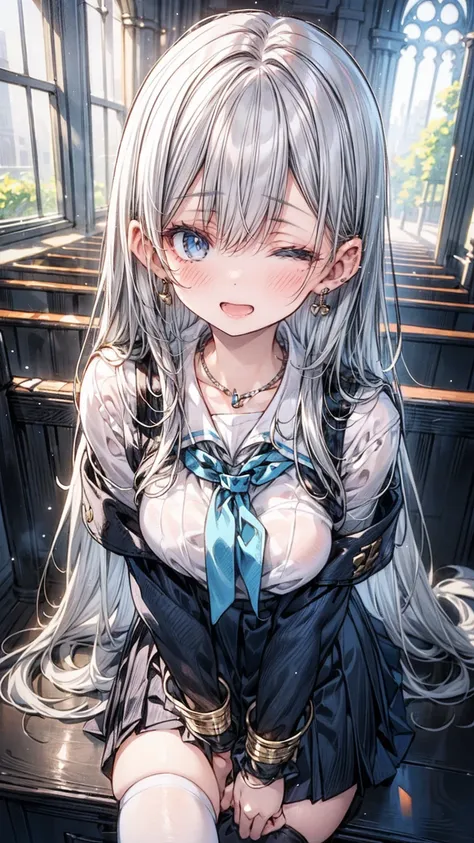 ((flat anime, 2D, 1girl:1.2)), ((12-years old:1.1, loli:1.3)), (silver long hair:1.5), reflective hair, ((focus on face:1.3)), (natural skin:1.3), (natural looking makeup:1.5), (slender:1.4), ((small breast:1.5)), BREAK, ((missionary uniform:1.3)), (neckla...