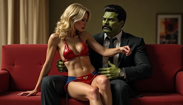 Supergirl in supergirl bikini top and red micro skirt is dancing sitting on Red Hulk's lap and Red Hulk with moustache in formal suit is sitting on the couch